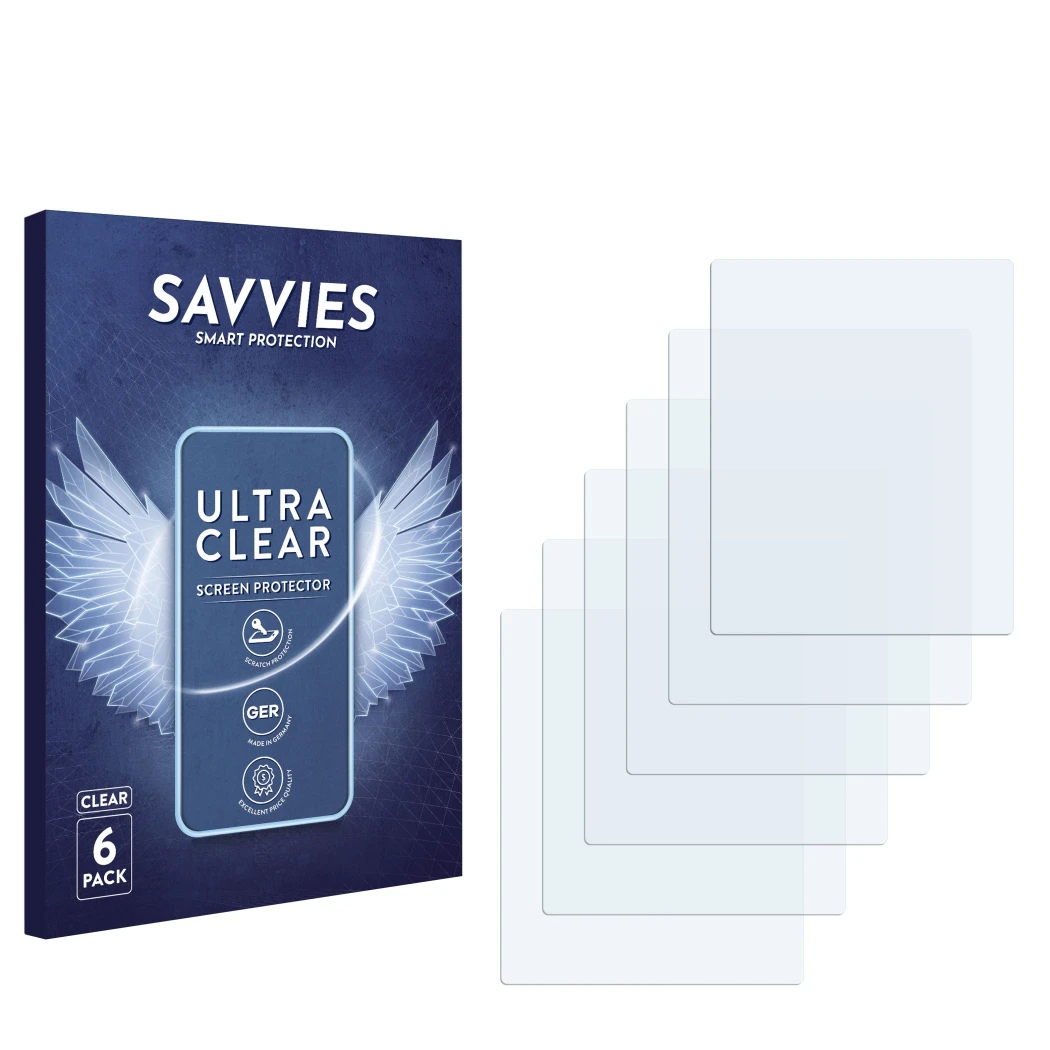 Front side of a product packaging with the brand logo Savvies. Next to it is the corresponding screen protector.