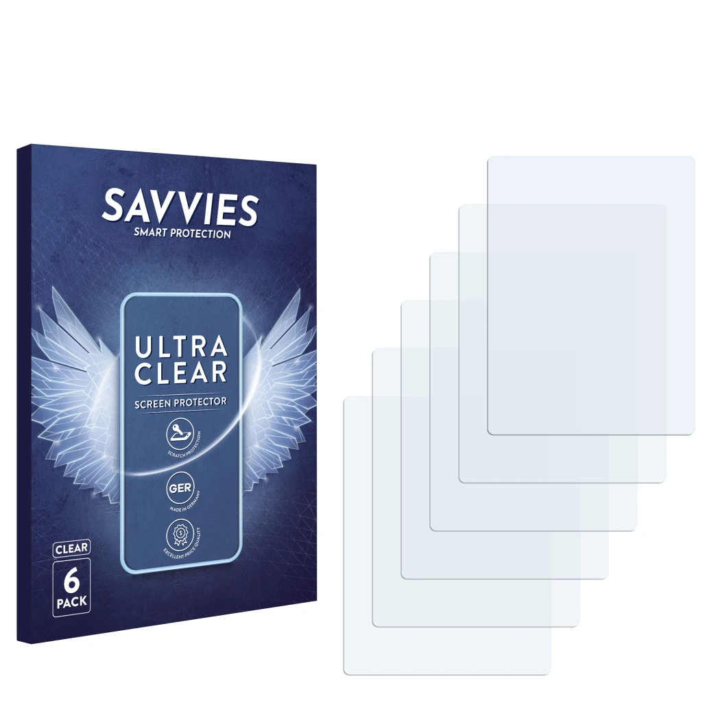 Front side of a product packaging with the brand logo Savvies. Next to it is the corresponding screen protector.