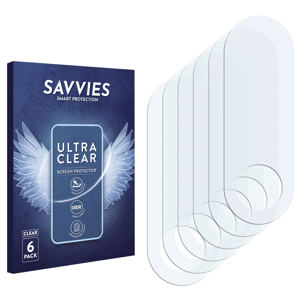 Front side of a product packaging with the brand logo Savvies. Next to it is the corresponding screen protector.