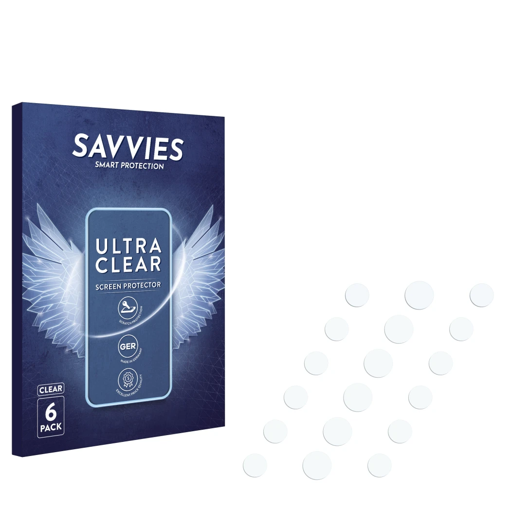 Front side of a product packaging with the brand logo Savvies. Next to it is the corresponding screen protector.