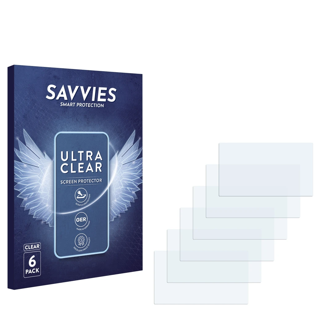 Front side of a product packaging with the brand logo Savvies. Next to it is the corresponding screen protector.
