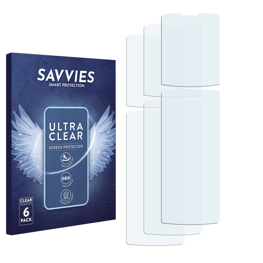 Front side of a product packaging with the brand logo Savvies. Next to it is the corresponding screen protector.