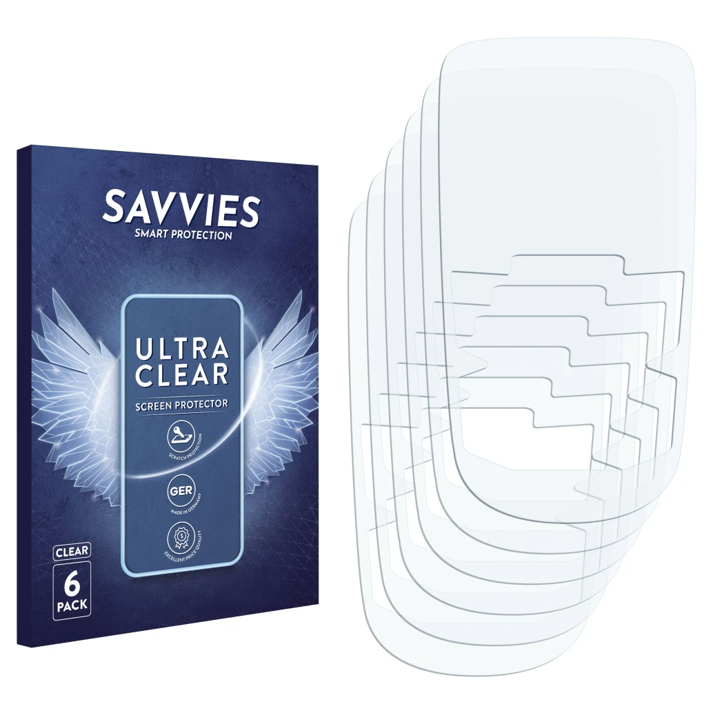 Front side of a product packaging with the brand logo Savvies. Next to it is the corresponding screen protector.