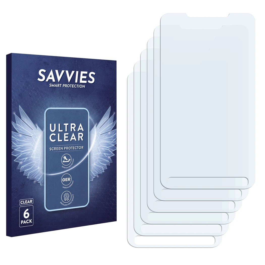 Front side of a product packaging with the brand logo Savvies. Next to it is the corresponding screen protector.
