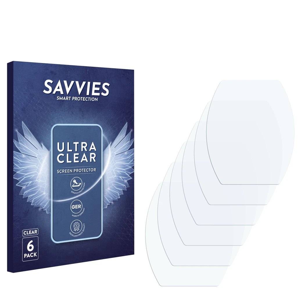 Front side of a product packaging with the brand logo Savvies. Next to it is the corresponding screen protector.