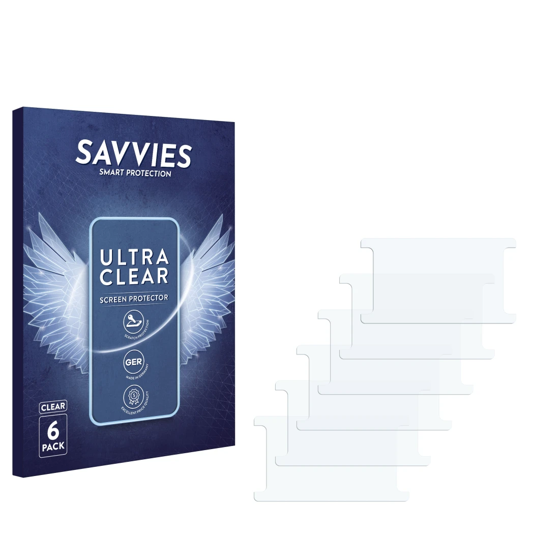 Front side of a product packaging with the brand logo Savvies. Next to it is the corresponding screen protector.