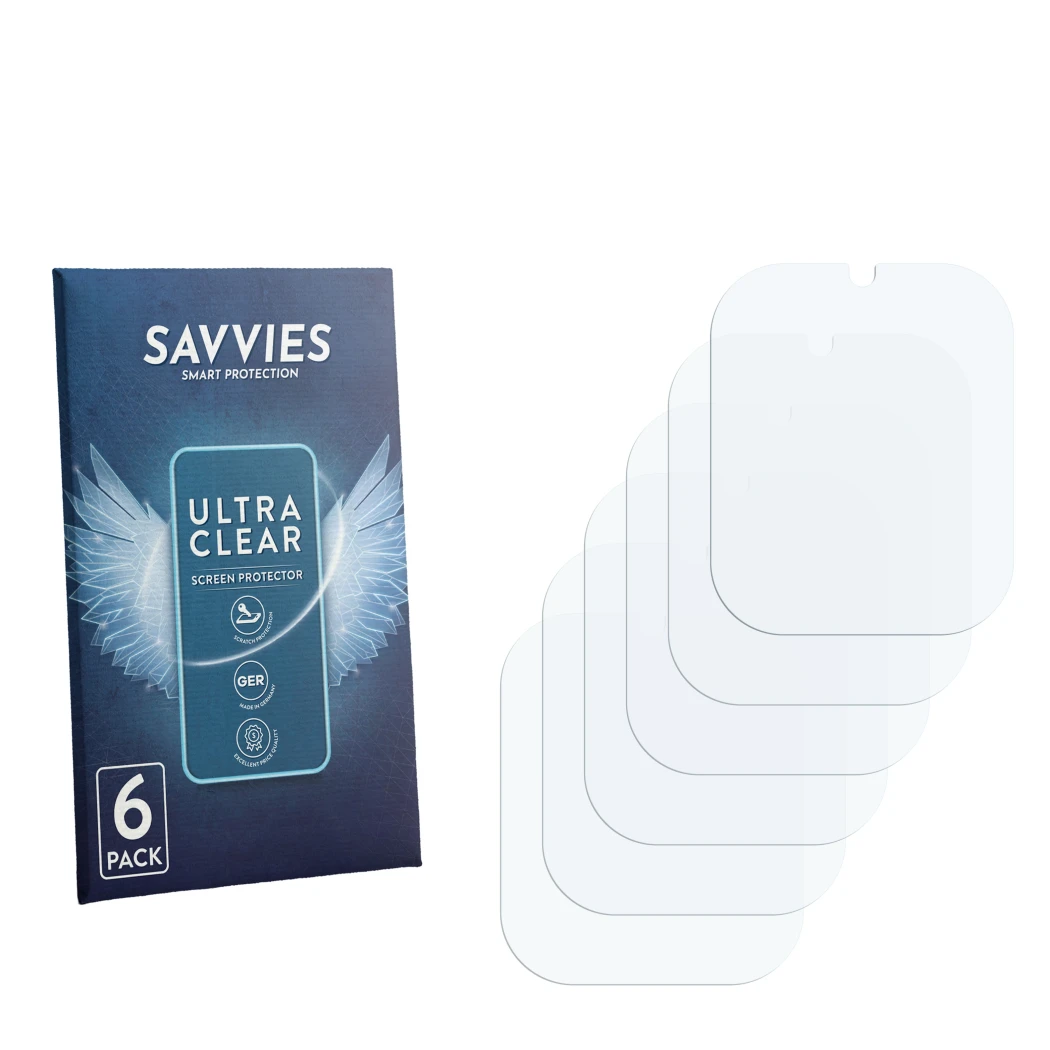 Front side of a product packaging with the brand logo Savvies. Next to it is the corresponding screen protector.