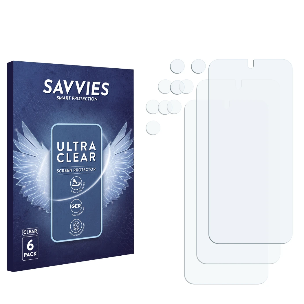 Front side of a product packaging with the brand logo Savvies. Next to it is the corresponding screen protector.