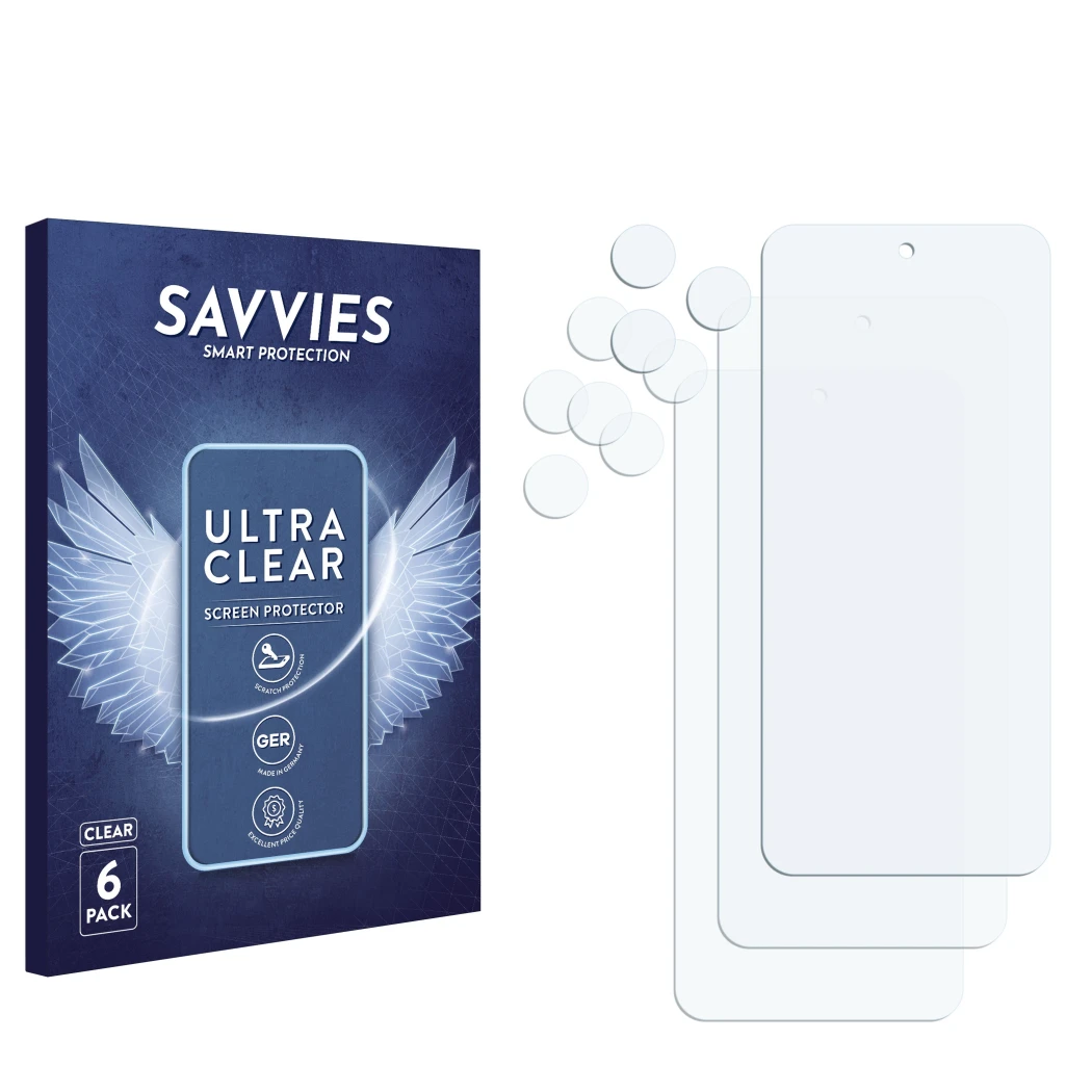 Front side of a product packaging with the brand logo Savvies. Next to it is the corresponding screen protector.
