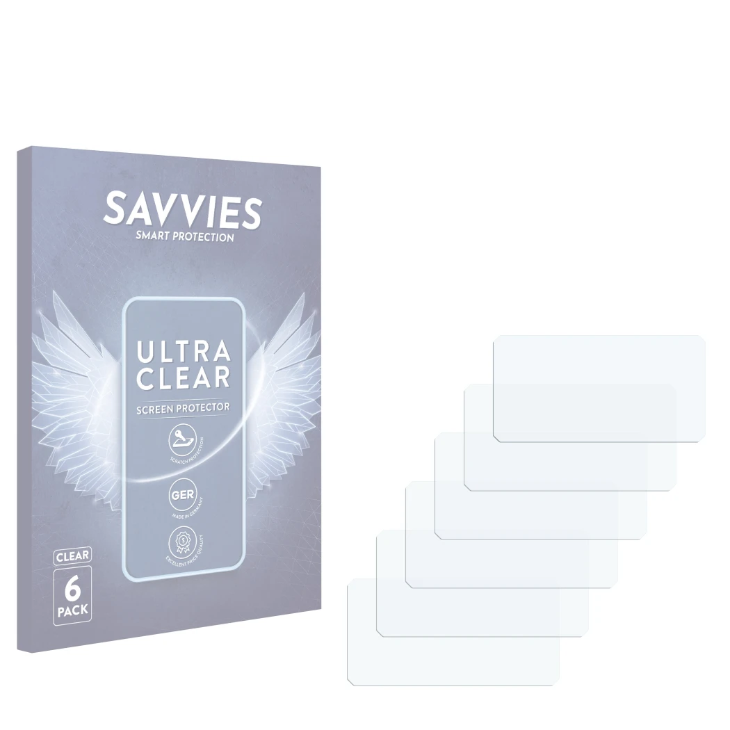 Front side of a product packaging with the brand logo Savvies. Next to it is the corresponding screen protector.