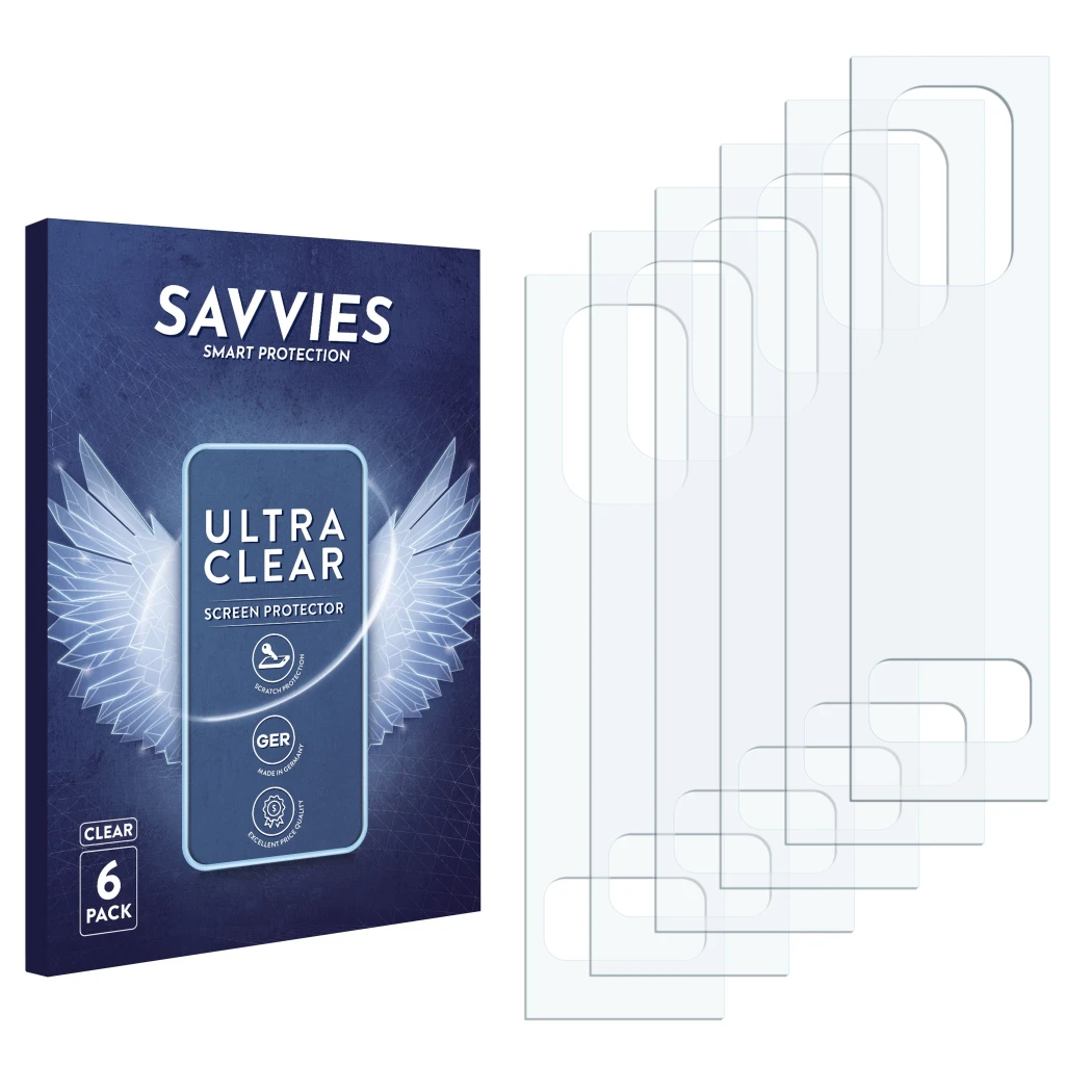 Front side of a product packaging with the brand logo Savvies. Next to it is the corresponding screen protector.