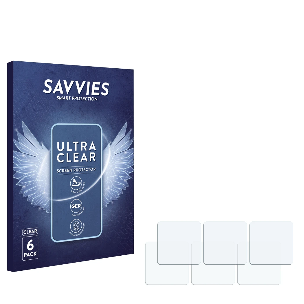 Front side of a product packaging with the brand logo Savvies. Next to it is the corresponding screen protector.