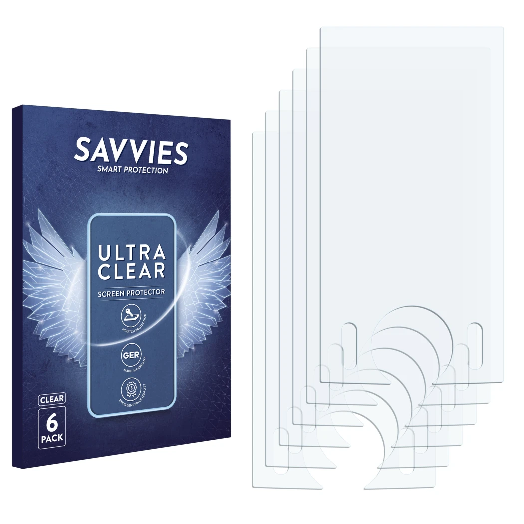 Front side of a product packaging with the brand logo Savvies. Next to it is the corresponding screen protector.