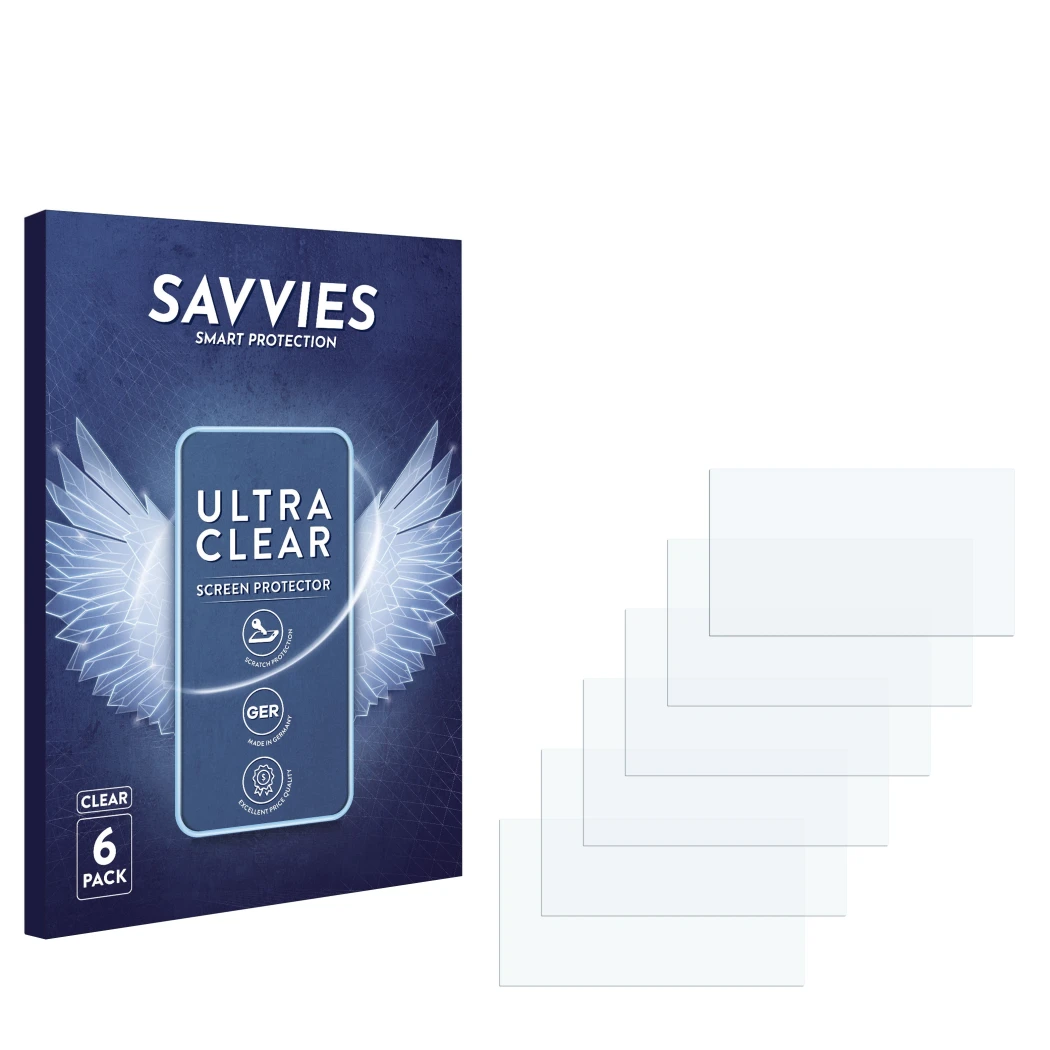 Front side of a product packaging with the brand logo Savvies. Next to it is the corresponding screen protector.