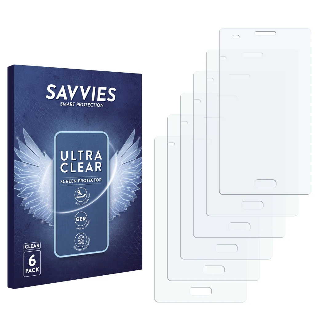 Front side of a product packaging with the brand logo Savvies. Next to it is the corresponding screen protector.