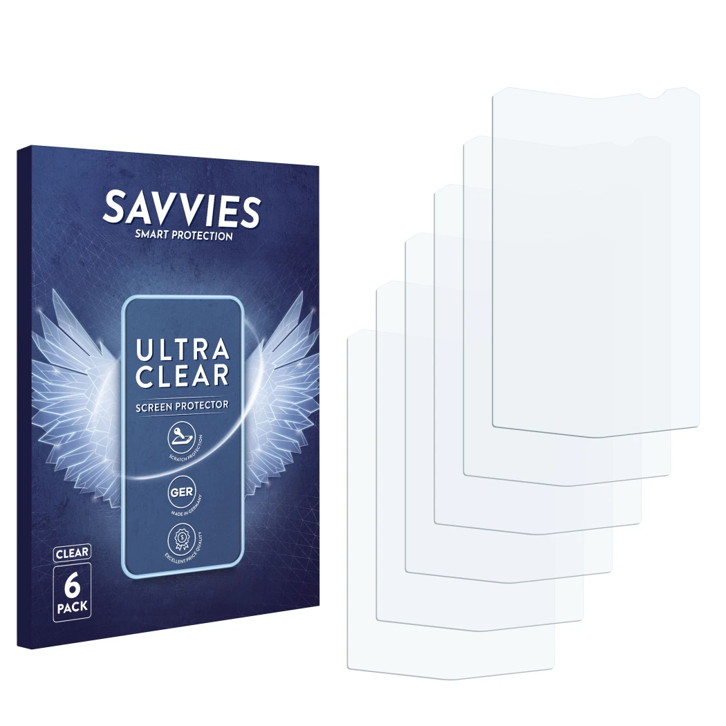 Front side of a product packaging with the brand logo Savvies. Next to it is the corresponding screen protector.