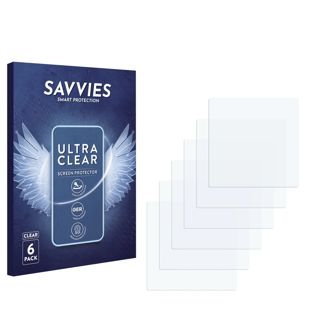 Front side of a product packaging with the brand logo Savvies. Next to it is the corresponding screen protector.