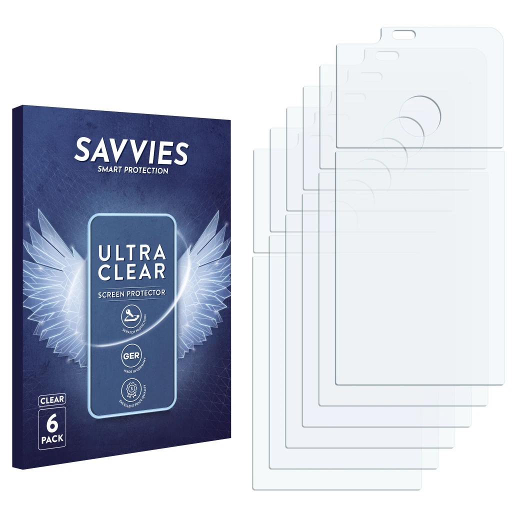Front side of a product packaging with the brand logo Savvies. Next to it is the corresponding screen protector.