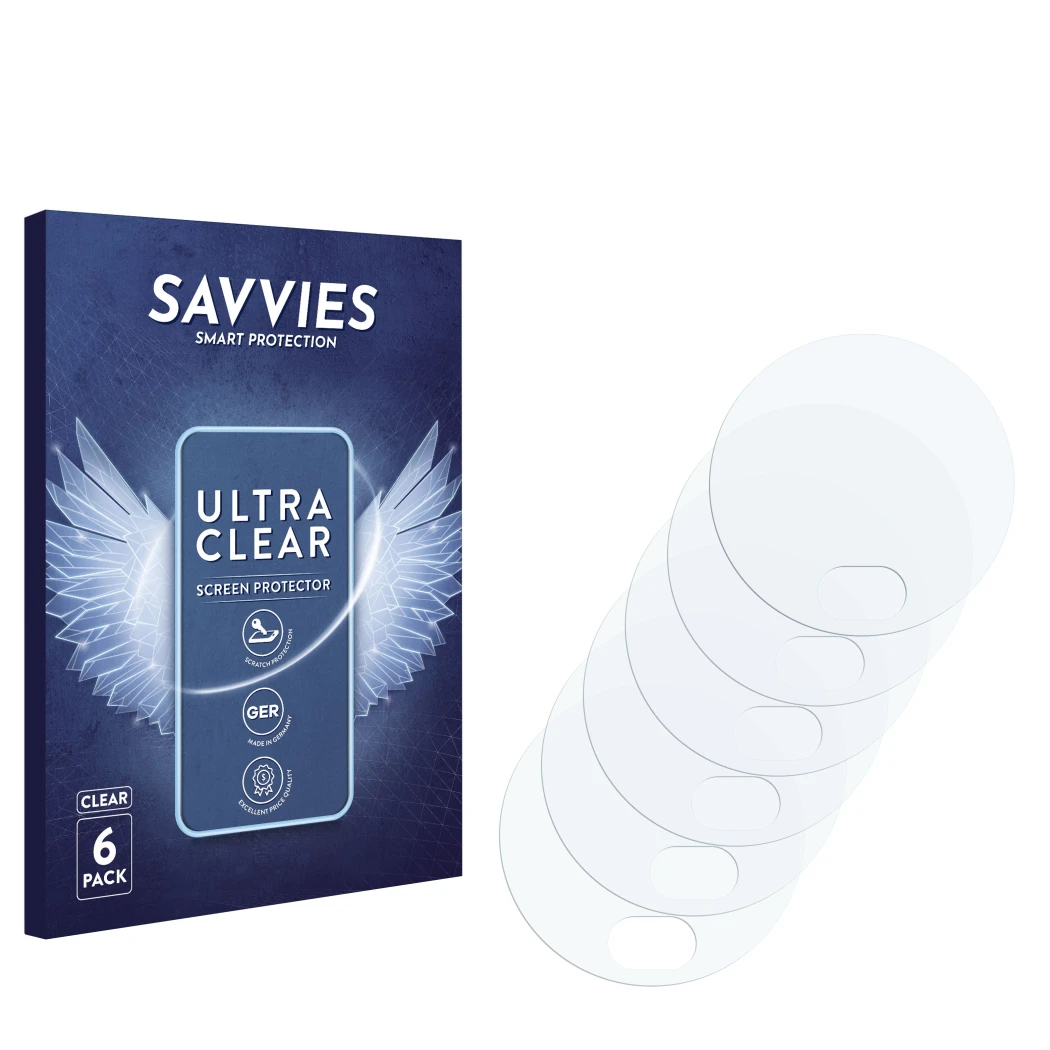 Front side of a product packaging with the brand logo Savvies. Next to it is the corresponding screen protector.