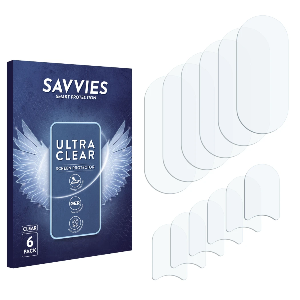 Front side of a product packaging with the brand logo Savvies. Next to it is the corresponding screen protector.