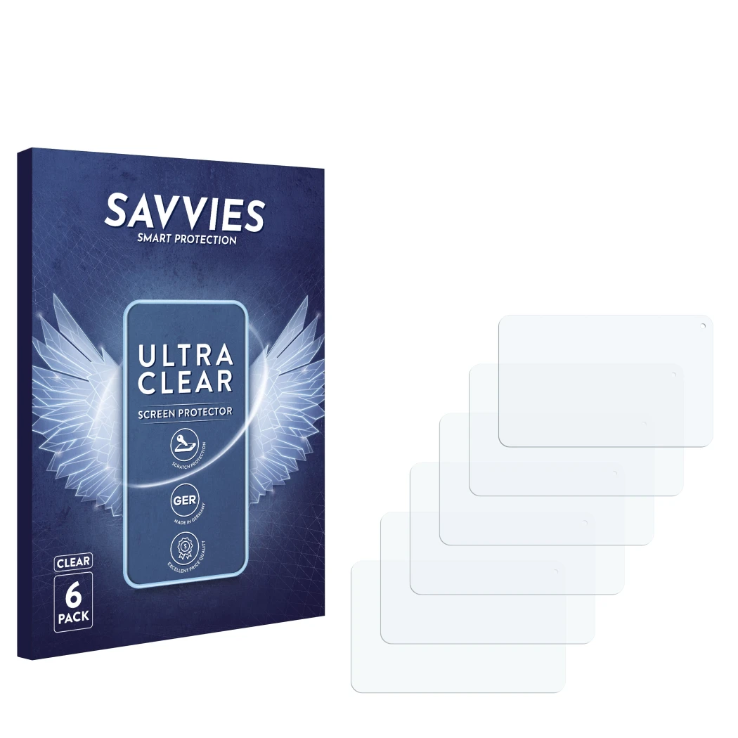 Front side of a product packaging with the brand logo Savvies. Next to it is the corresponding screen protector.