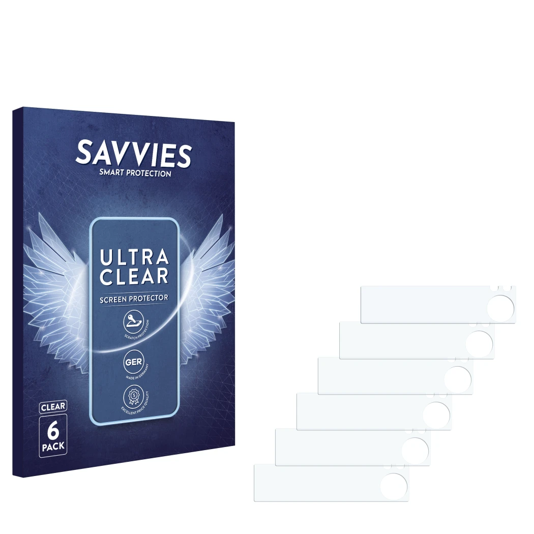 Front side of a product packaging with the brand logo Savvies. Next to it is the corresponding screen protector.