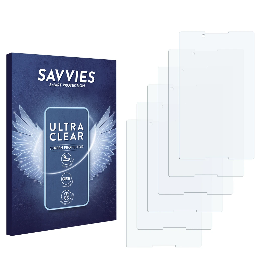 Front side of a product packaging with the brand logo Savvies. Next to it is the corresponding screen protector.