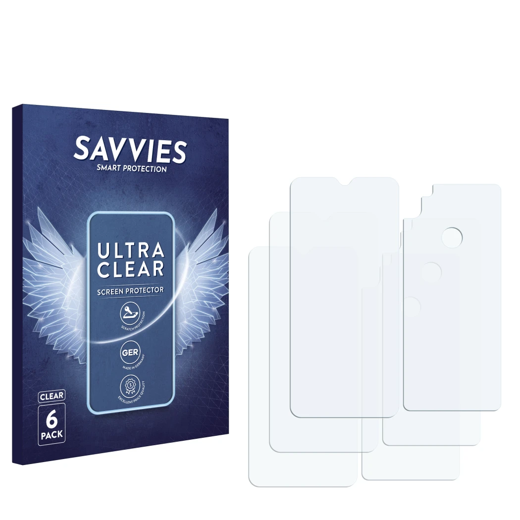 Front side of a product packaging with the brand logo Savvies. Next to it is the corresponding screen protector.