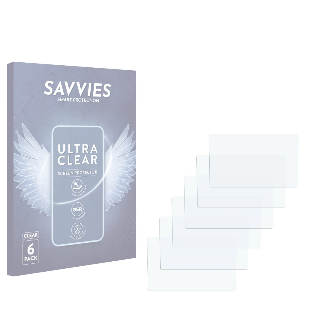 Front side of a product packaging with the brand logo Savvies. Next to it is the corresponding screen protector.