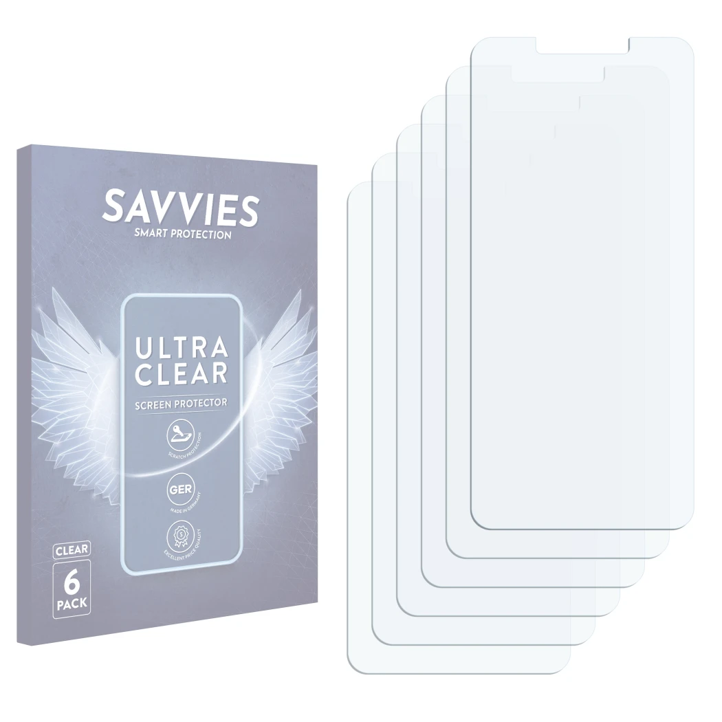 Front side of a product packaging with the brand logo Savvies. Next to it is the corresponding screen protector.
