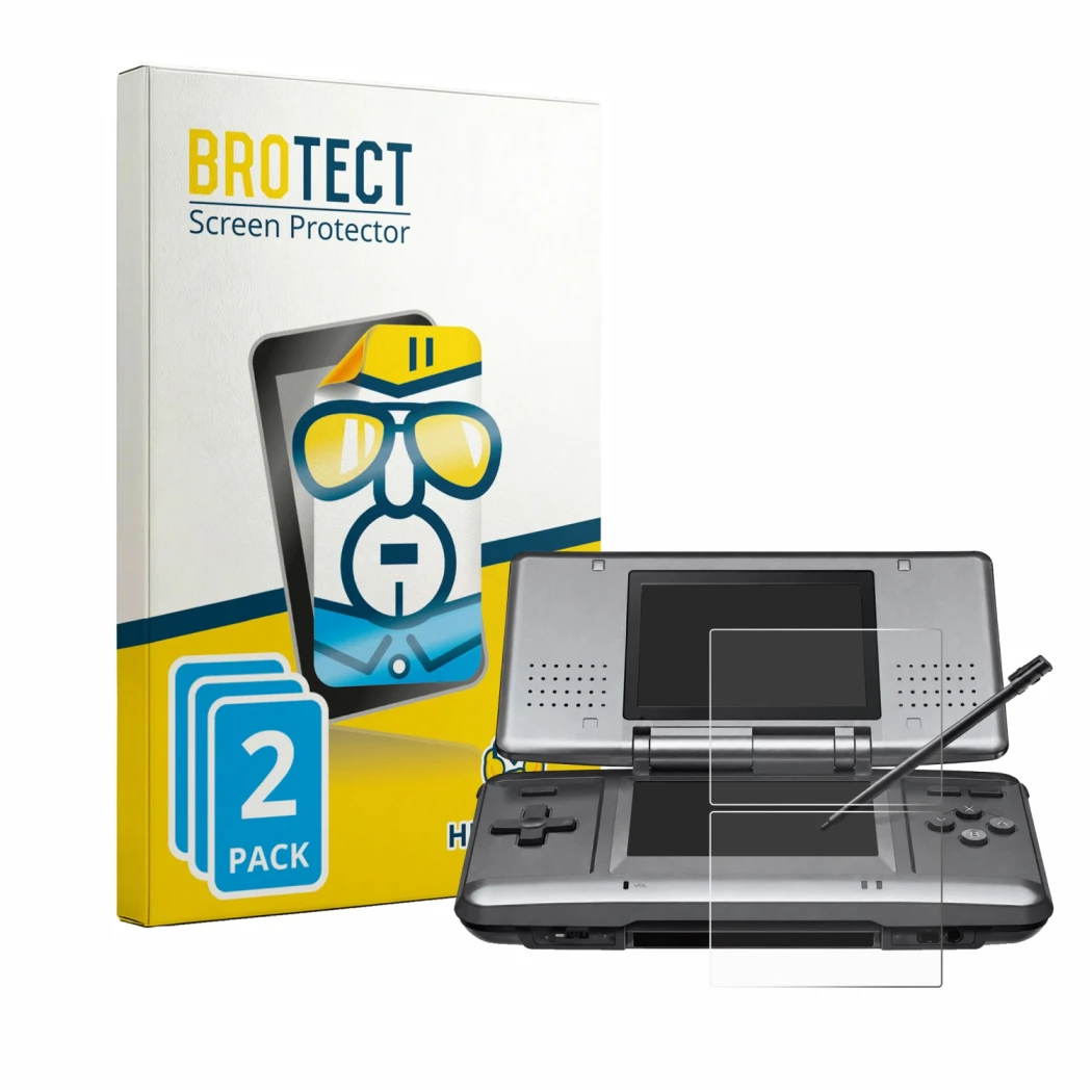 Front side of a product packaging with the brand logo BROTECT. Next to it is the device Nintendo DS shown with the correspondi
