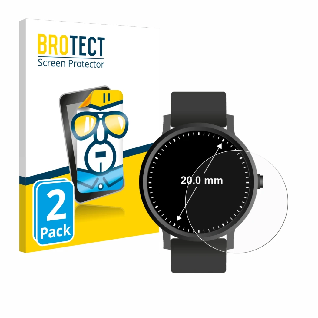 Front side of a product packaging with the brand logo BROTECT. Next to it is the device Watches (Circular, ø: 20 mm) shown wit