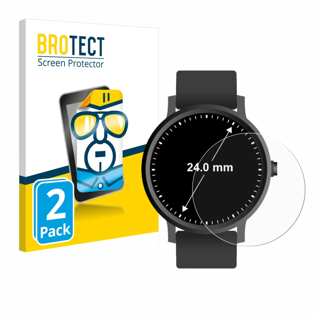 Front side of a product packaging with the brand logo BROTECT. Next to it is the device Watches (Circular, ø: 24 mm) shown wit