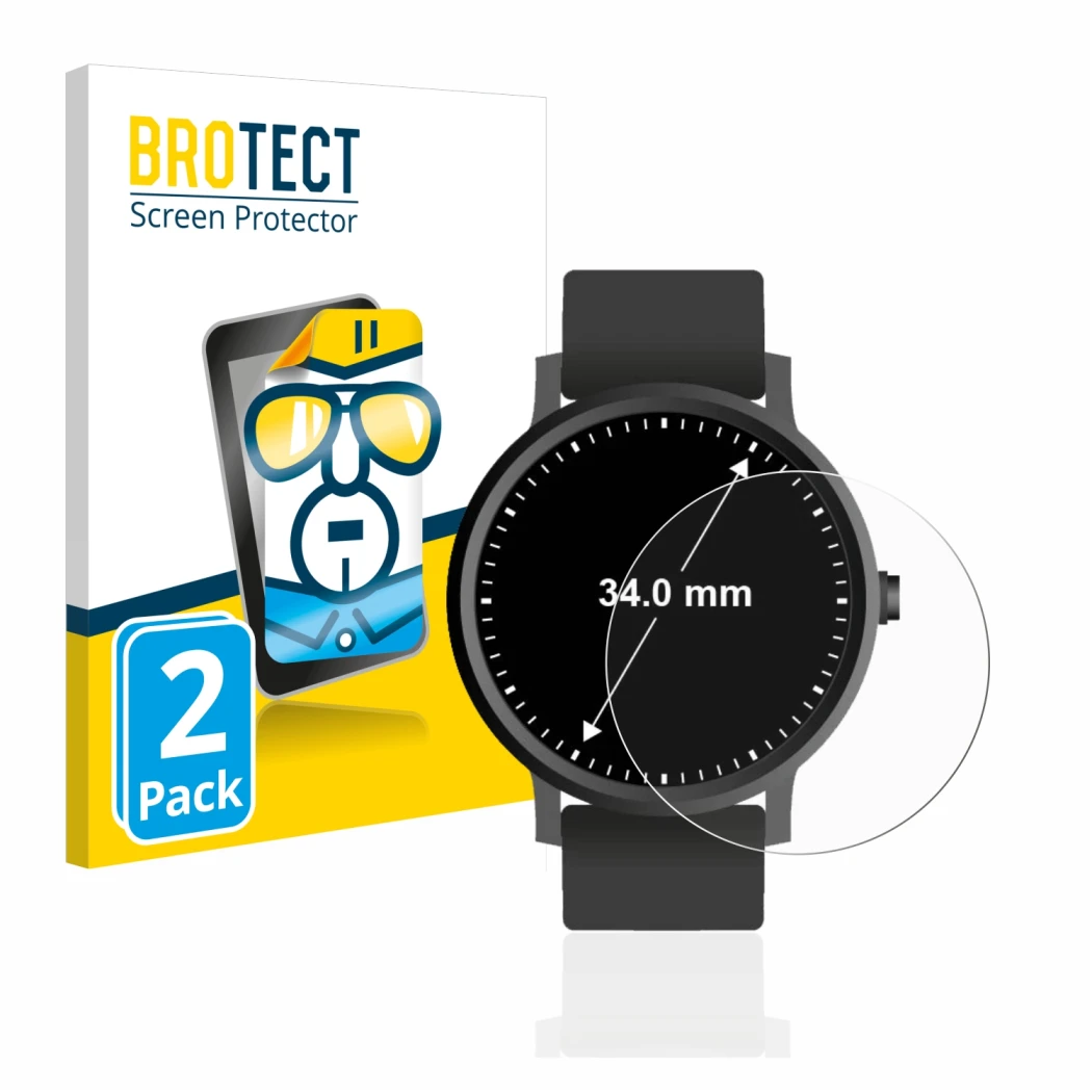 Front side of a product packaging with the brand logo BROTECT. Next to it is the device Watches (Circular, ø: 34 mm) shown wit