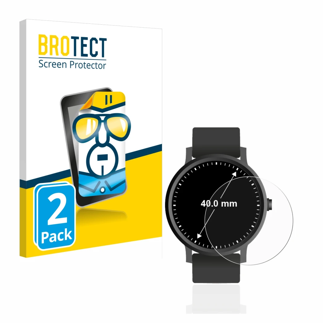 Front side of a product packaging with the brand logo BROTECT. Next to it is the device Watches (Circular, ø: 40 mm) shown wit