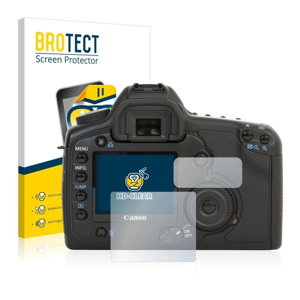 Front side of a product packaging with the brand logo BROTECT. Next to it is the device Canon EOS 5D shown with the correspond