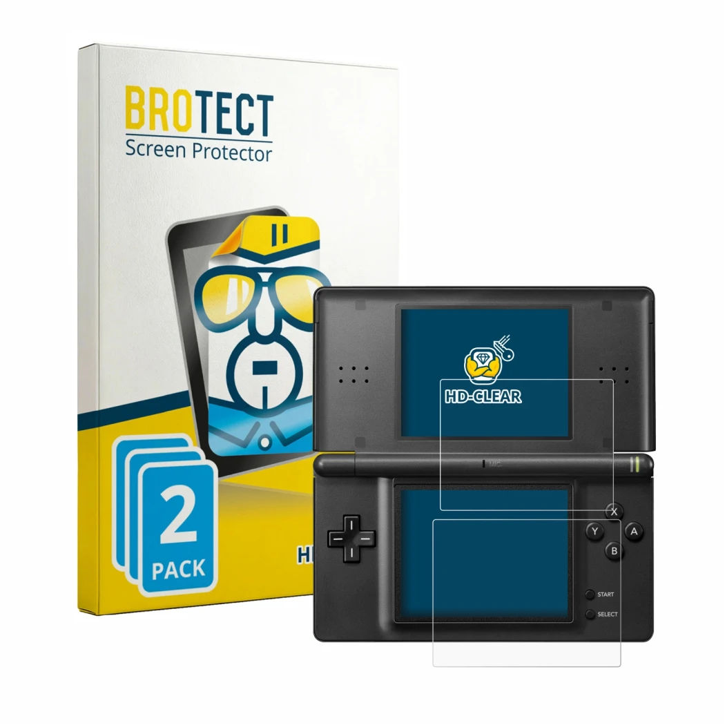 Front side of a product packaging with the brand logo BROTECT. Next to it is the device Nintendo DS LITE shown with the corres