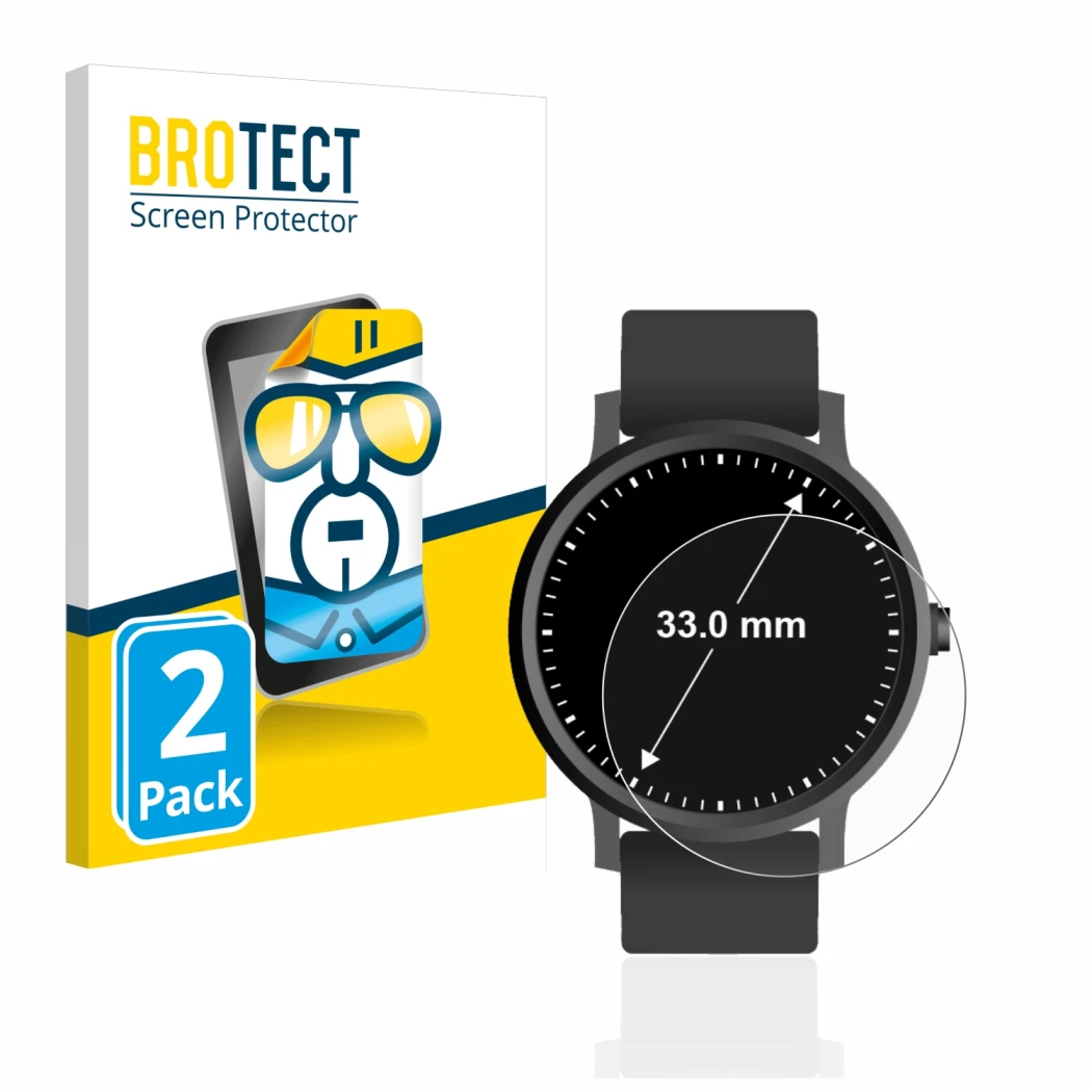 Front side of a product packaging with the brand logo BROTECT. Next to it is the device Watches (Circular, ø: 33 mm) shown wit
