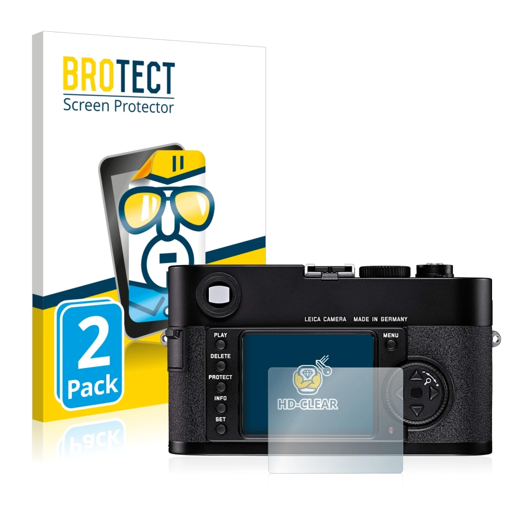 Front side of a product packaging with the brand logo BROTECT. Next to it is the device Leica M8 shown with the corresponding 