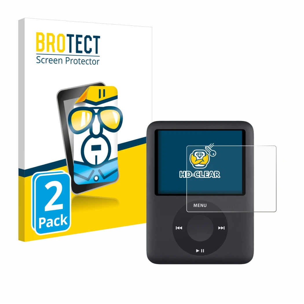 Front side of a product packaging with the brand logo BROTECT. Next to it is the device Apple iPod nano (3th Gen.) shown with