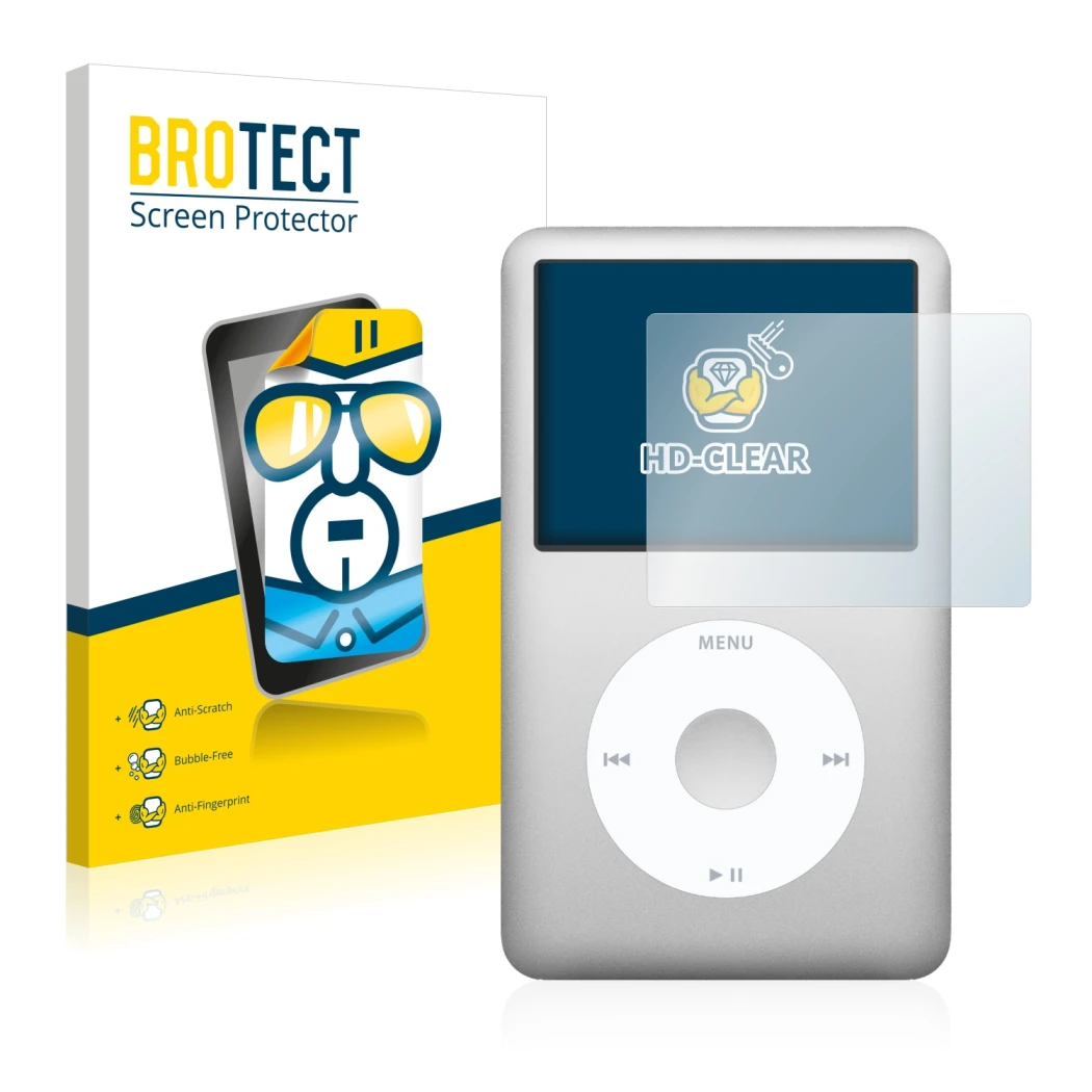 Front side of a product packaging with the brand logo BROTECT. Next to it is the device Apple iPod Classic (6th. Gen.) shown w
