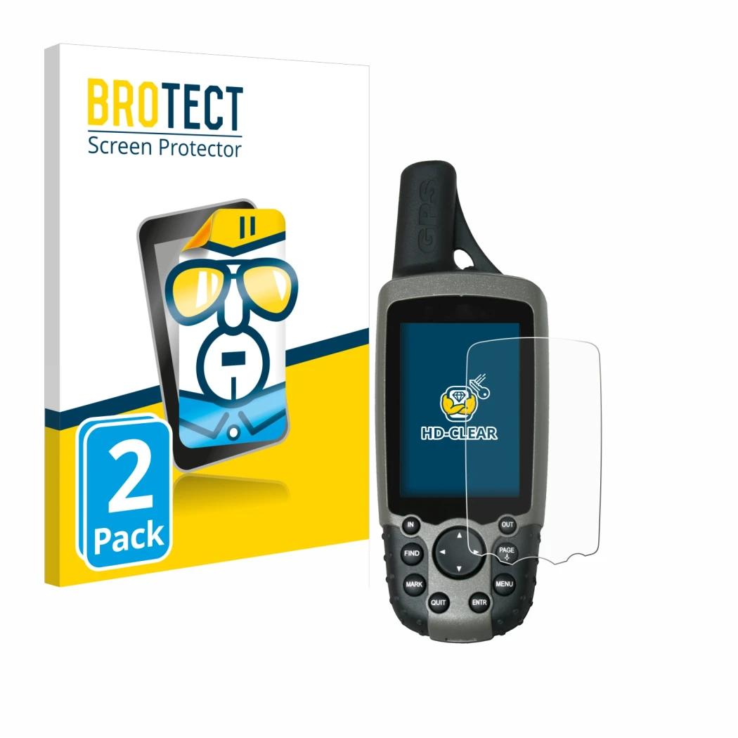 Front side of a product packaging with the brand logo BROTECT. Next to it is the device Garmin GPSMAP 60CSx shown with the cor