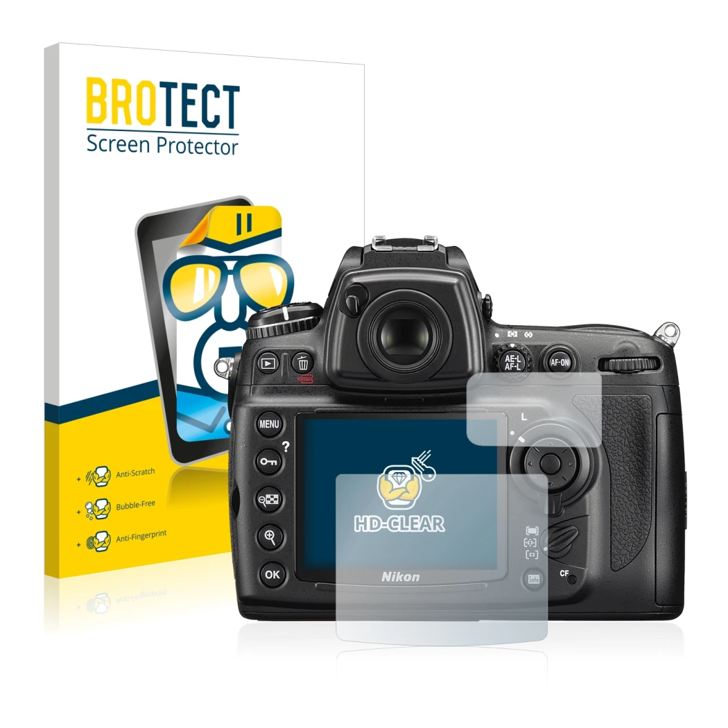 Front side of a product packaging with the brand logo BROTECT. Next to it is the device Nikon D700 shown with the correspondin