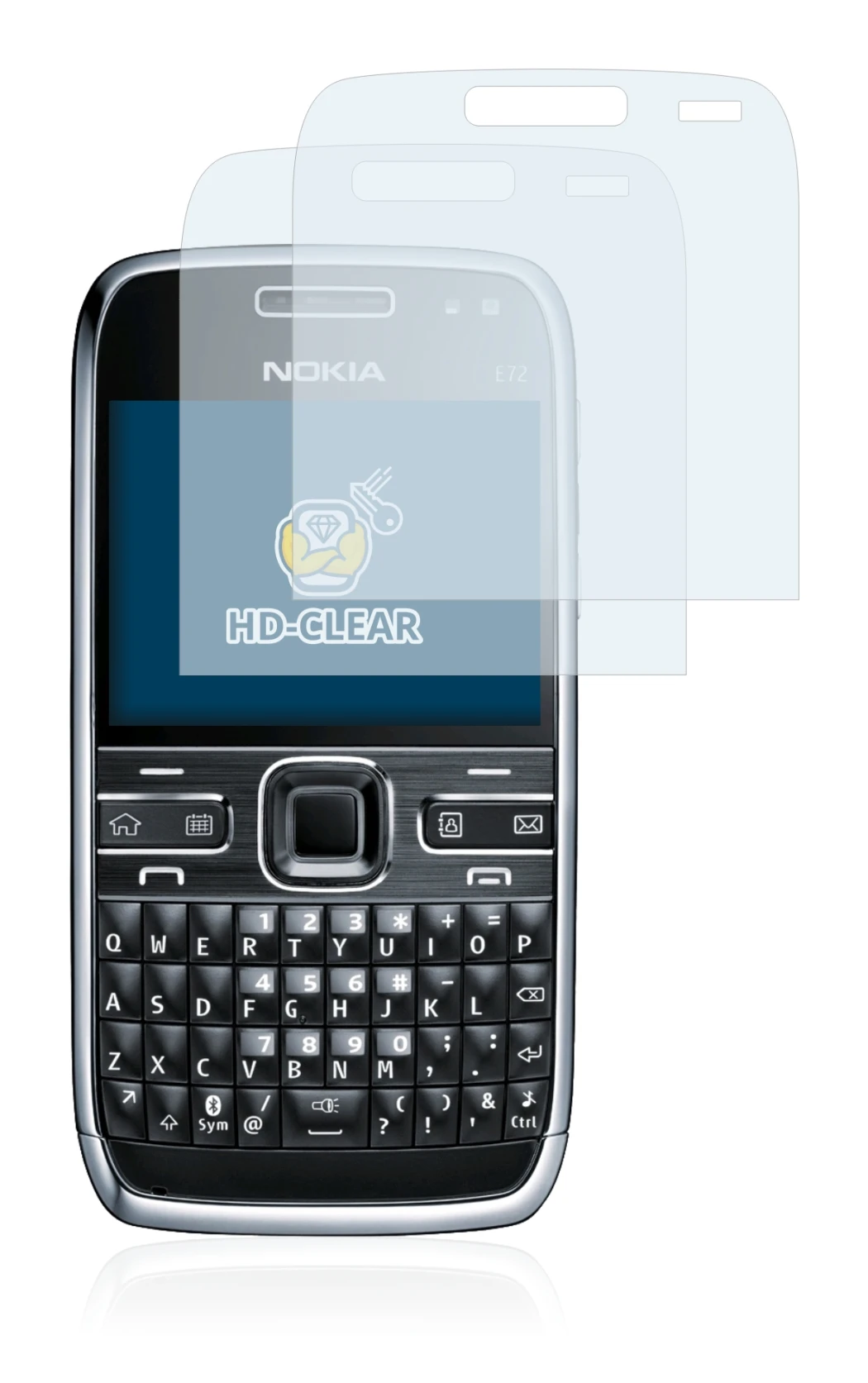 Image of the device Nokia E72 with a wide variety of screen protectors.