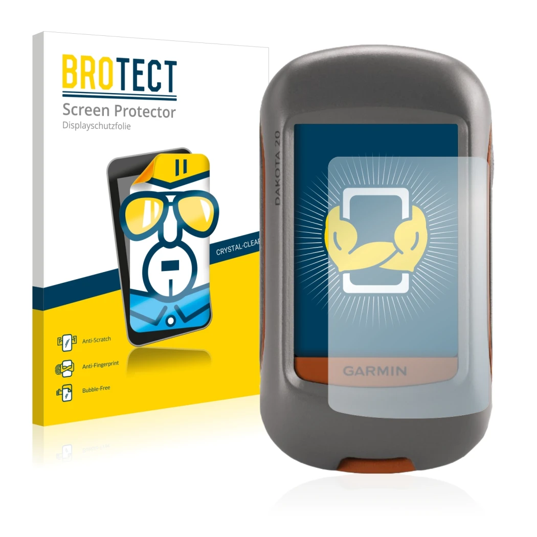 Front side of a product packaging with the brand logo BROTECT. Next to it is the device Garmin Dakota 20 shown with the corres
