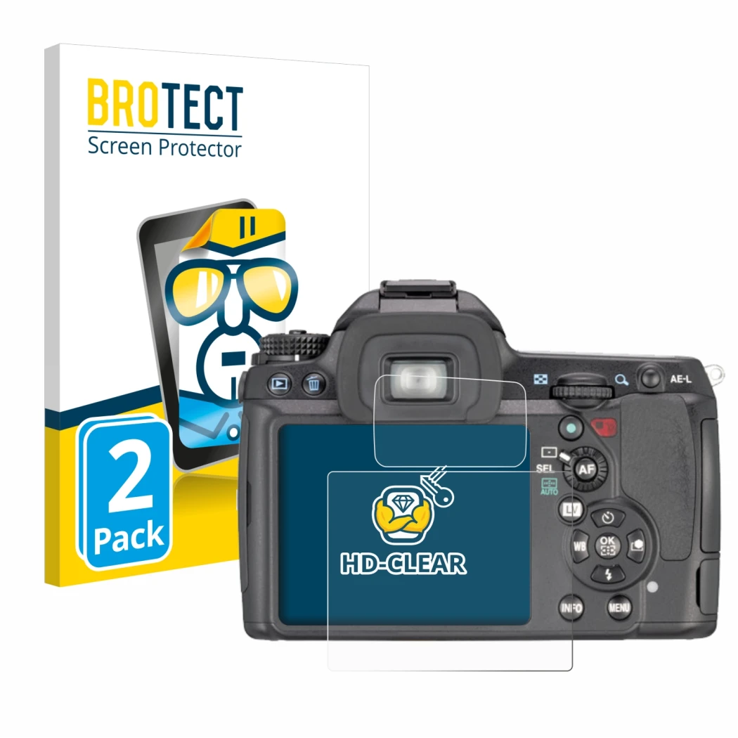 Front side of a product packaging with the brand logo BROTECT. Next to it is the device Pentax K7, K-7 shown with the correspo