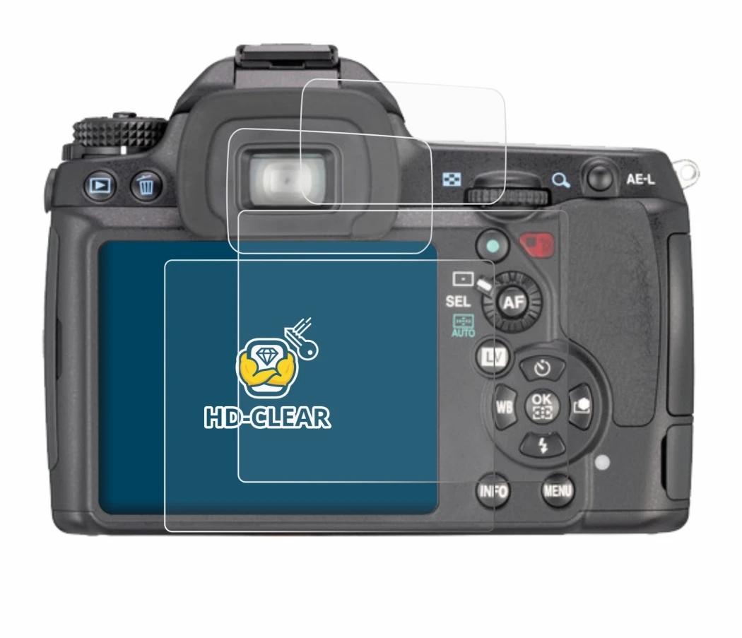 Image of the device Pentax K7, K-7 with a wide variety of screen protectors.