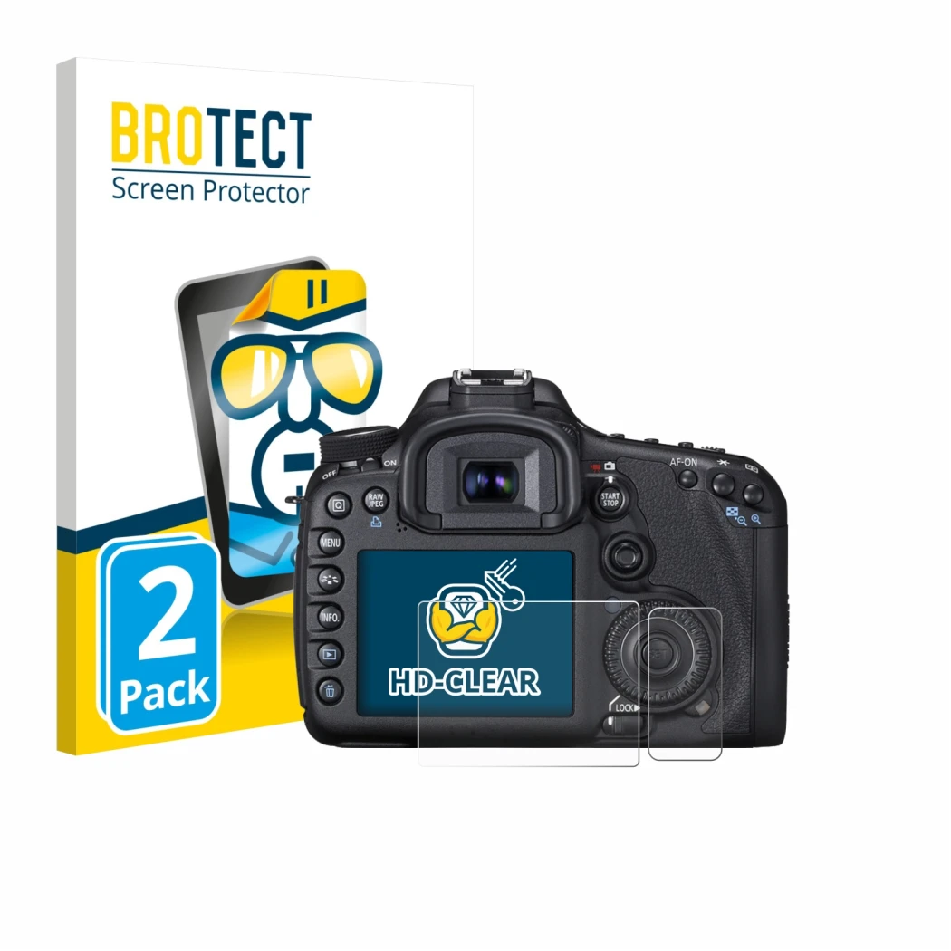 Front side of a product packaging with the brand logo BROTECT. Next to it is the device Canon EOS 7D shown with the correspond