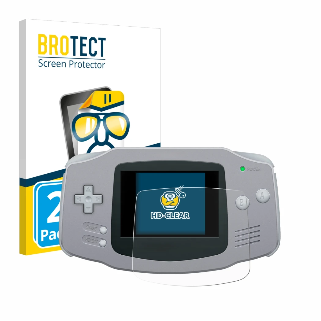 Front side of a product packaging with the brand logo BROTECT. Next to it is the device Nintendo Gameboy Advance GBA shown wit