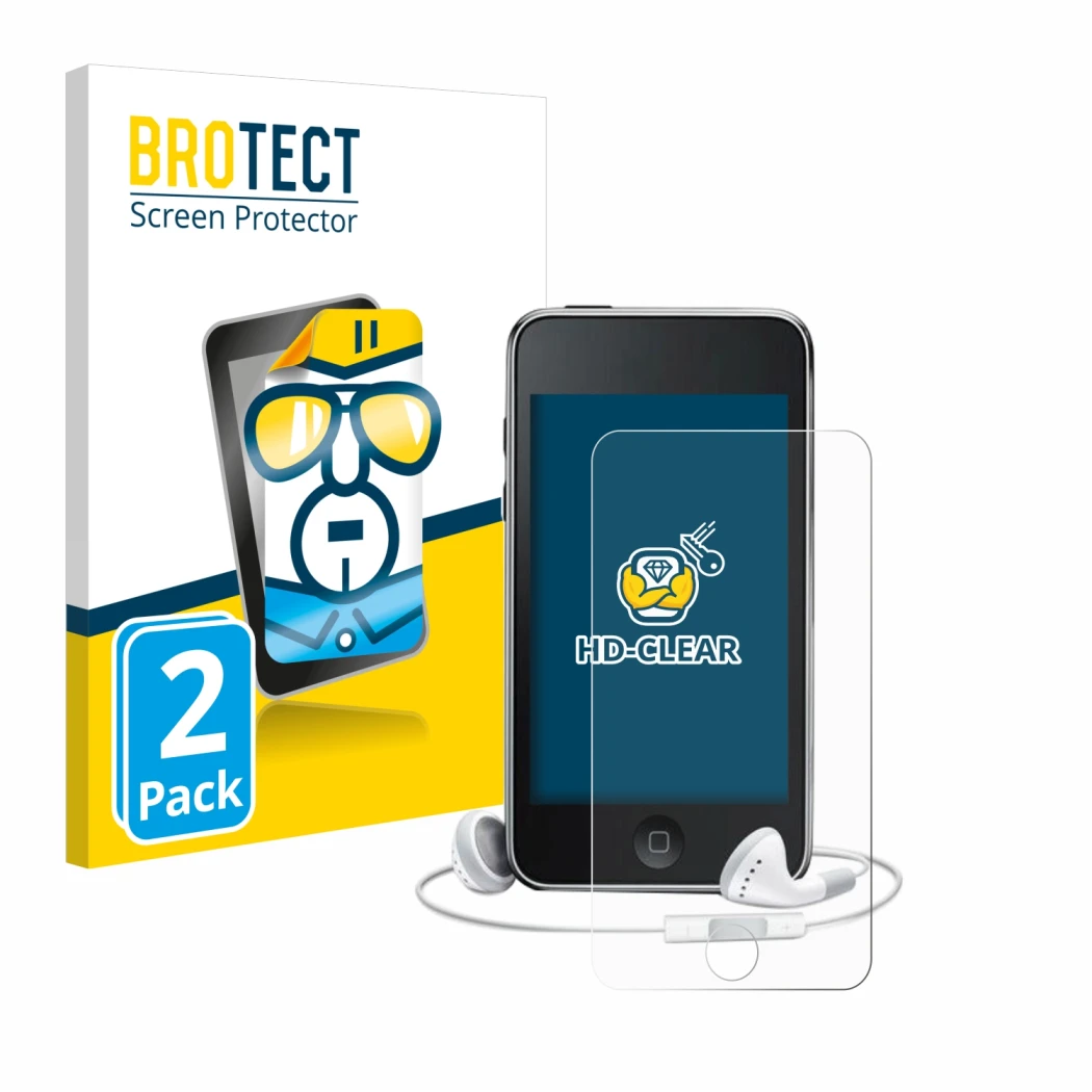 Front side of a product packaging with the brand logo BROTECT. Next to it is the device Apple iPod Touch (3rd Gen.) shown with